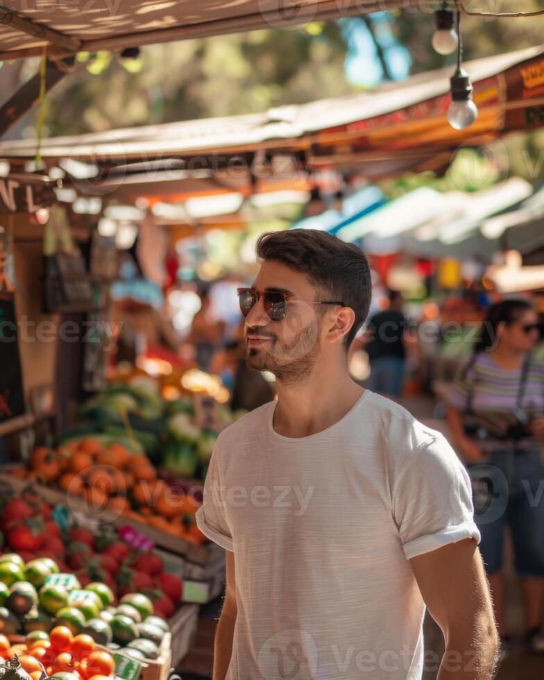 jovem adulto homem modelo dentro em branco branco t camisa para Projeto brincar foto