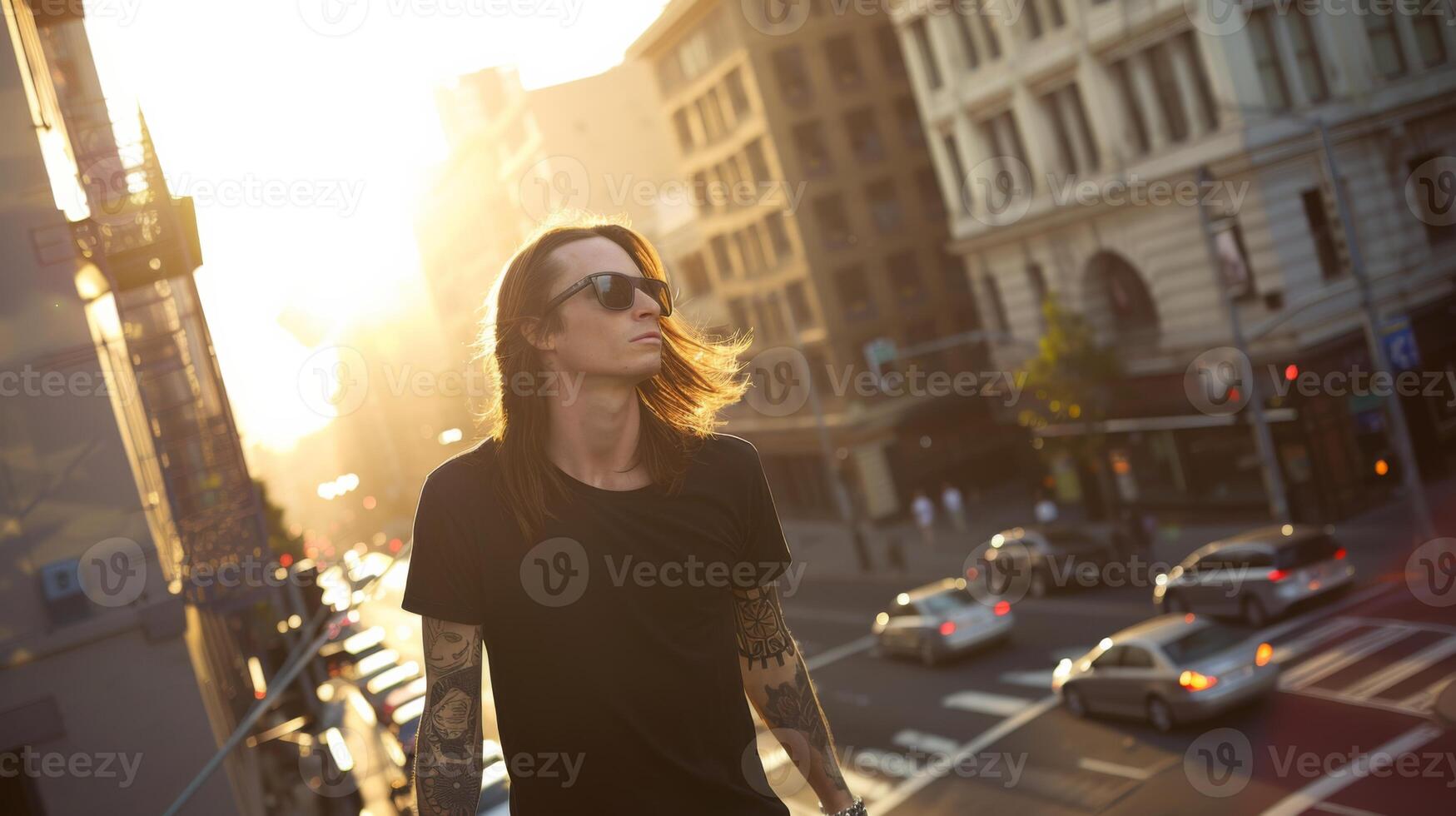 Preto camiseta brincar, apresentando uma rebelde Veja masculino modelo foto