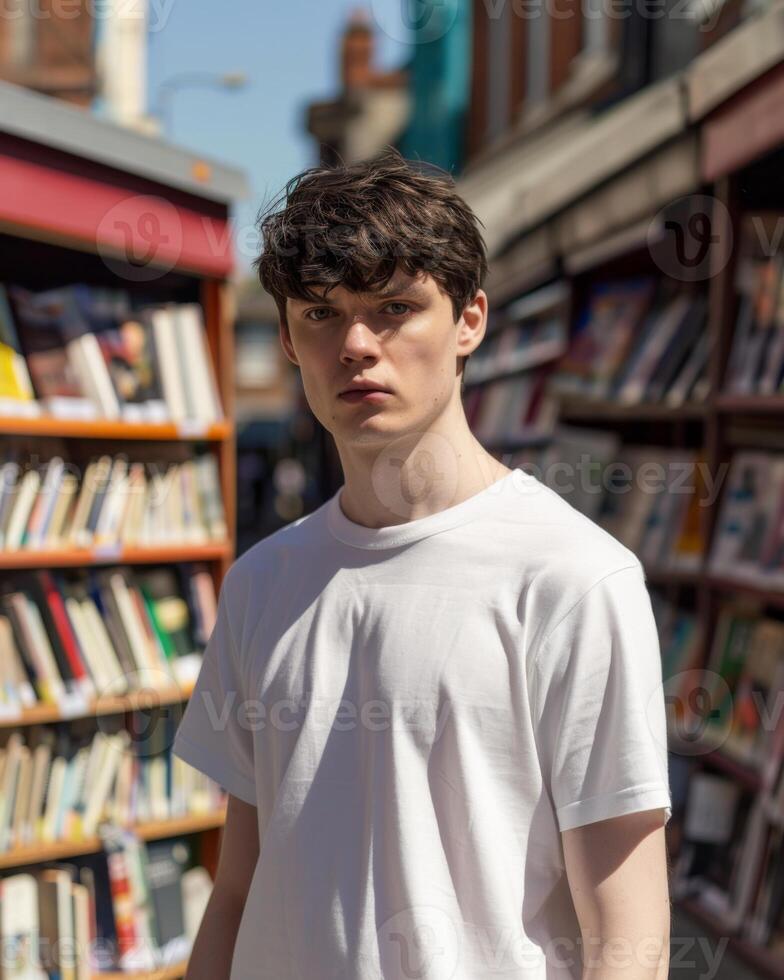 jovem adulto homem modelo dentro em branco branco t camisa para Projeto brincar foto