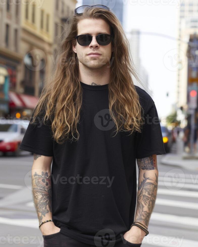 Preto camiseta brincar, apresentando uma rebelde Veja masculino modelo foto