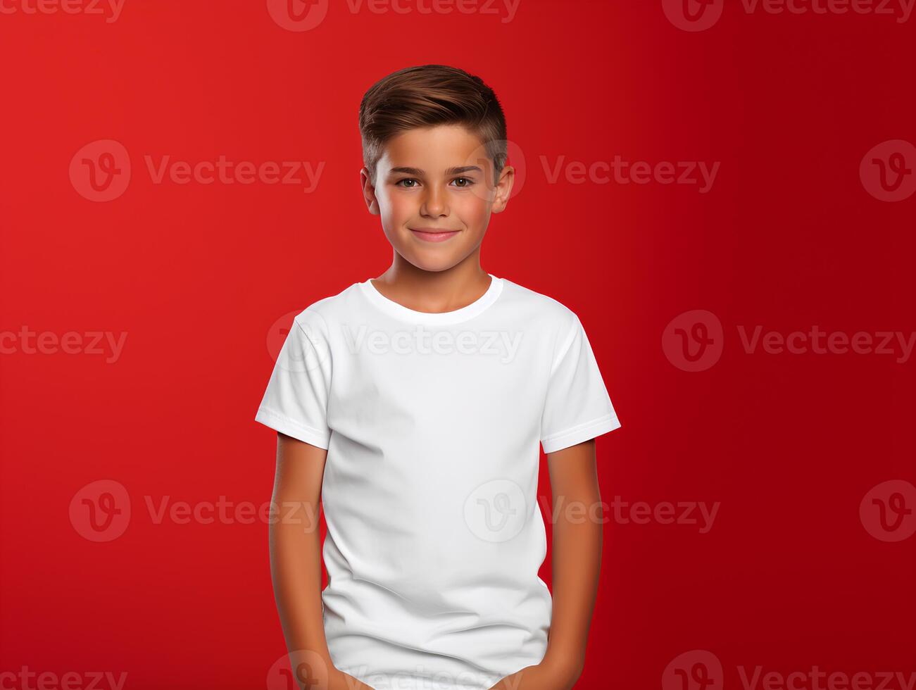 uma jovem Garoto vestem branco t camisa brincar em vermelho limpar \ limpo fundo foto