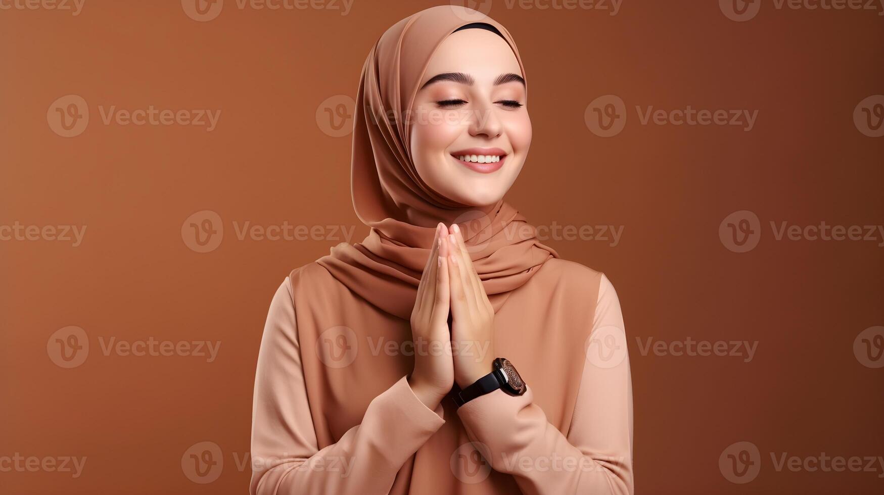 europeu mulher vestindo cachecol é Rezar e sorridente em Castanho fundo foto