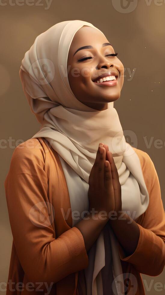 africano mulher vestindo cachecol é Rezar e sorridente em Castanho fundo foto