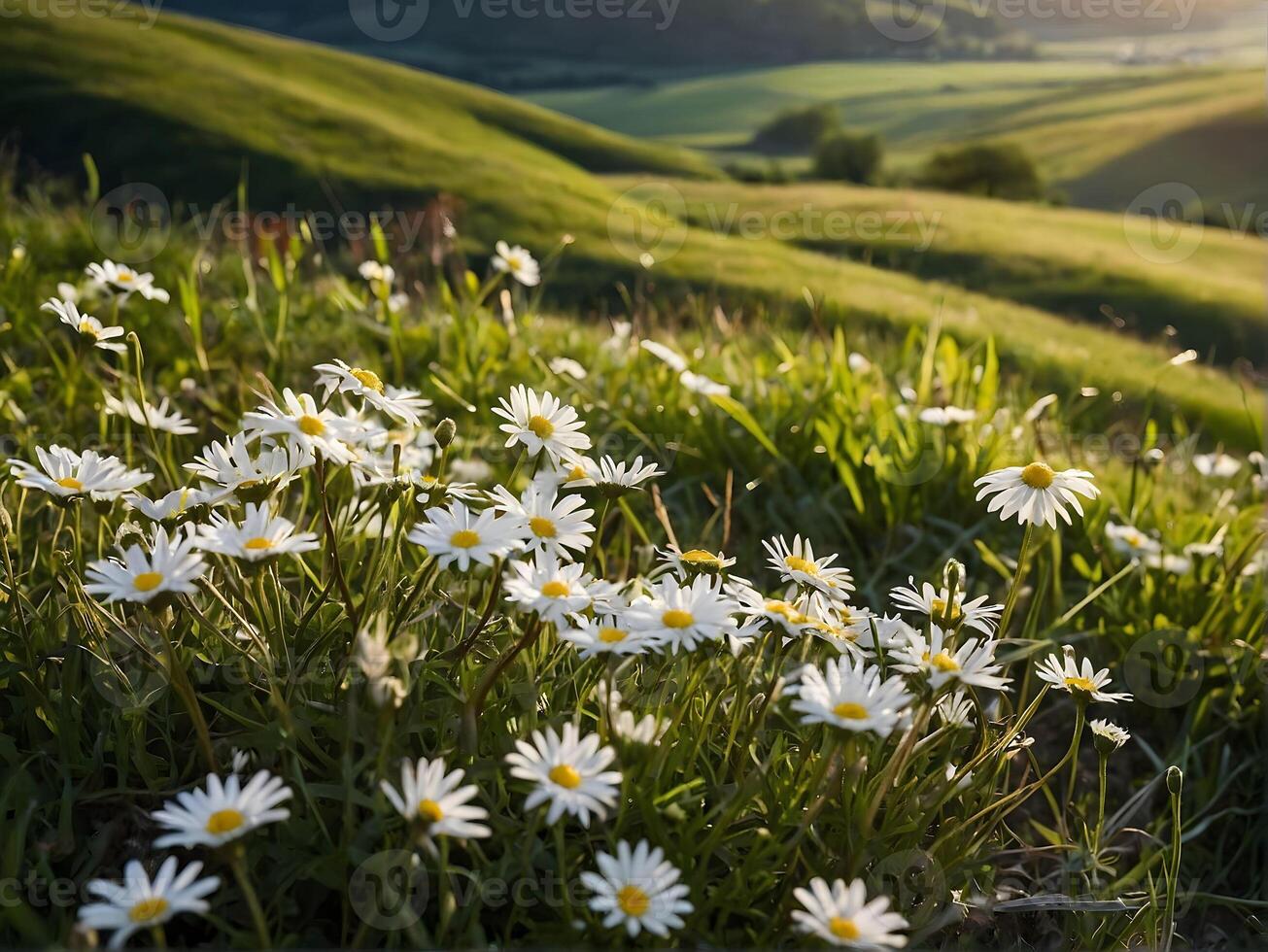 campo do margaridas dentro a tarde Sol. lindo natureza fundo. foto