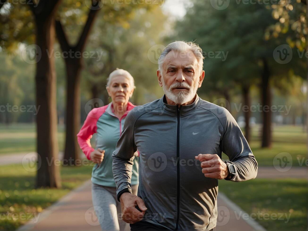 Senior casal corrida dentro a parque. saudável estilo de vida e esporte conceito. foto
