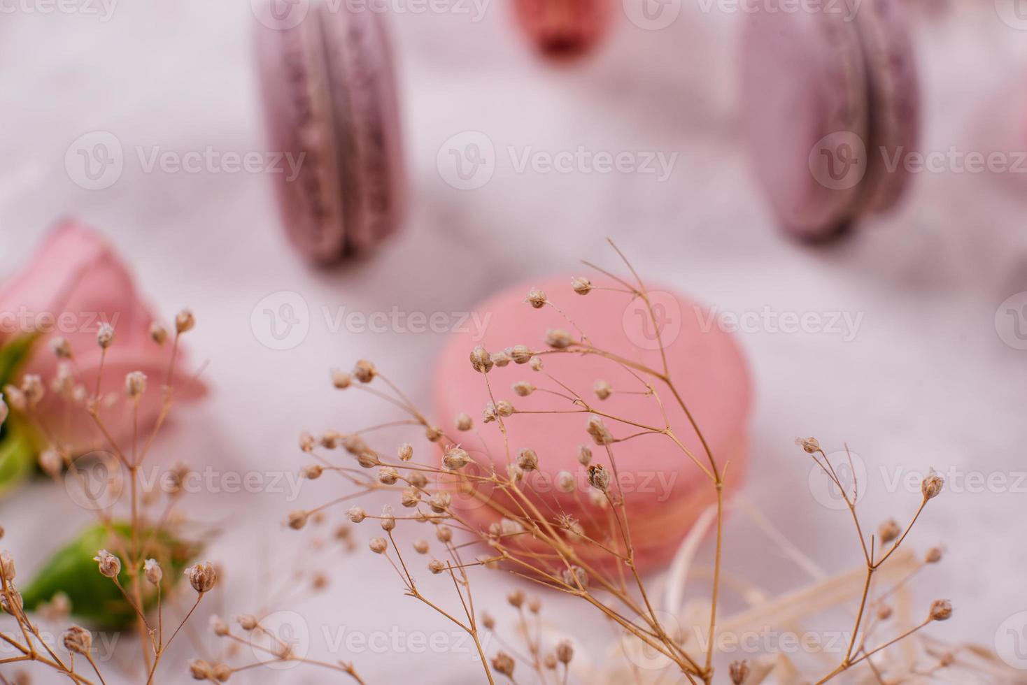 lindos macaroons saborosos cor de rosa em um fundo de concreto foto