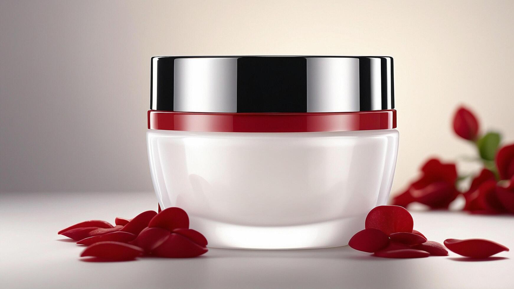 luxuoso hidratante face creme dentro uma lustroso jarra com negrito vermelho acentos e suave rosa pétalas foto