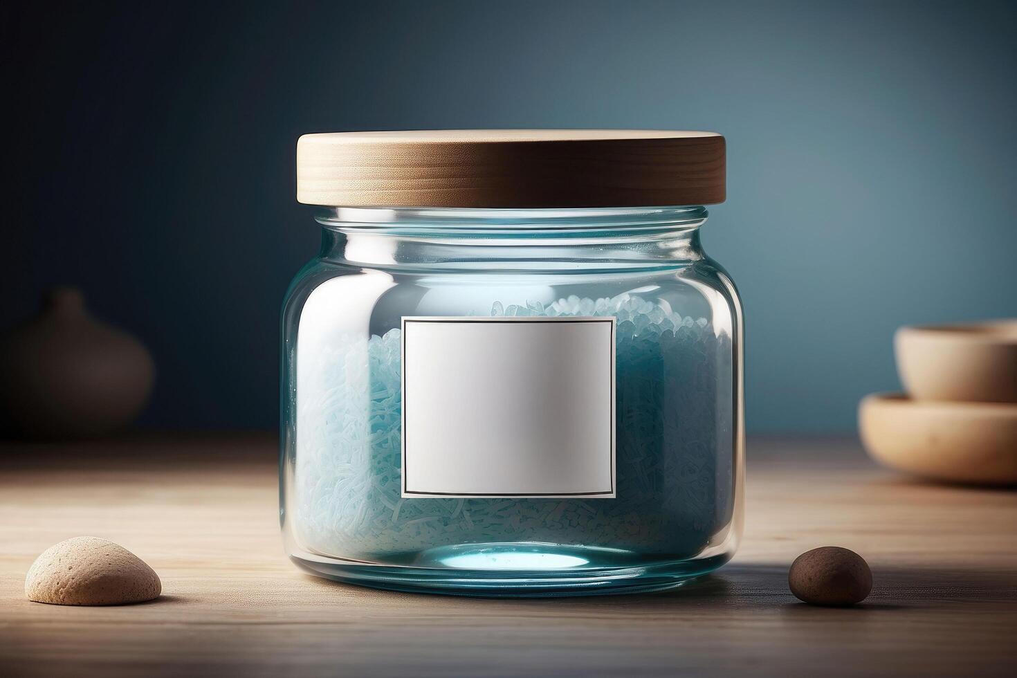 elegante azul vidro jarra com de madeira tampa e em branco rótulo - moderno cozinha armazenamento solução foto