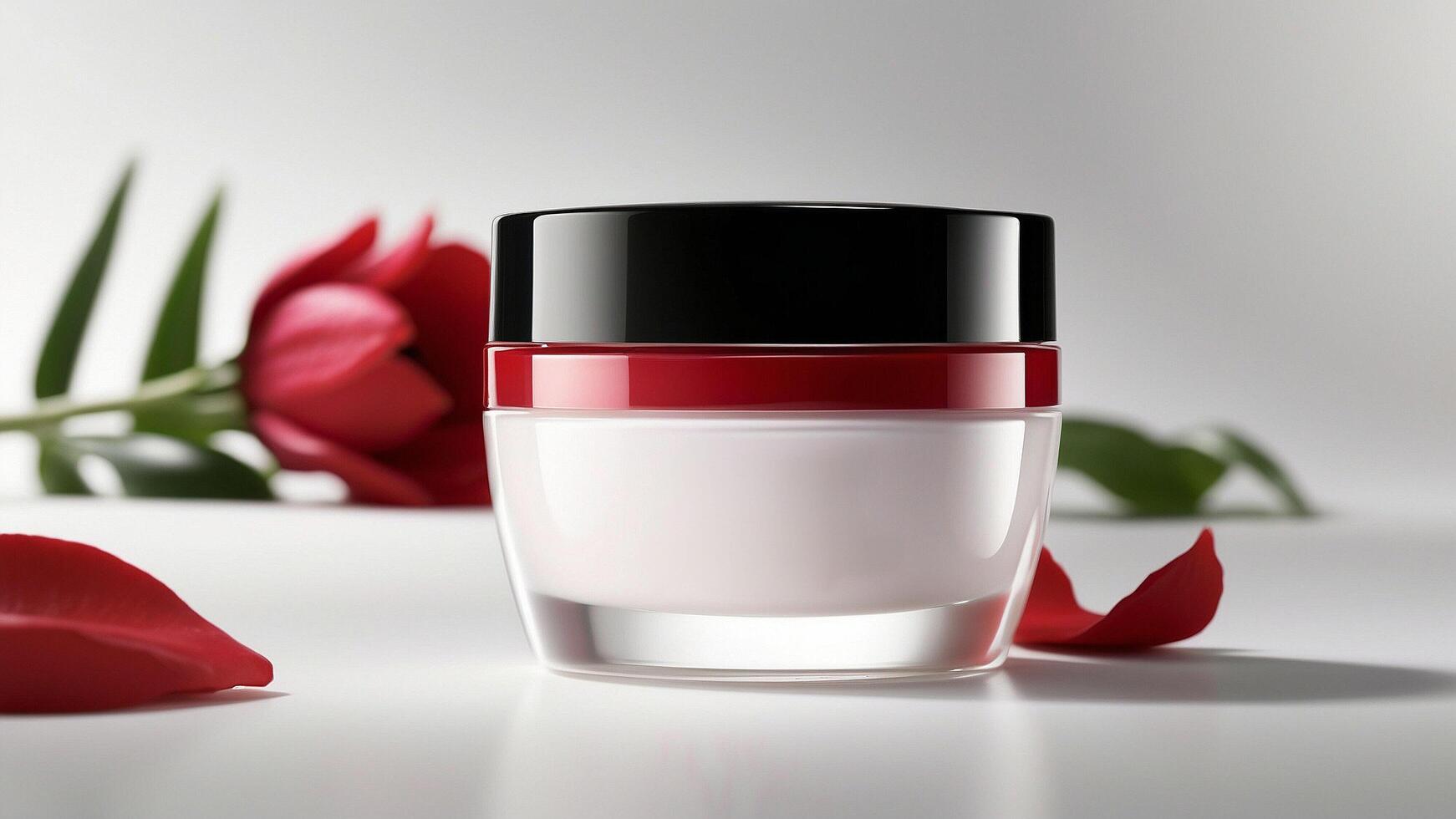 luxuoso hidratante face creme dentro uma lustroso jarra com negrito vermelho acentos e suave rosa pétalas foto