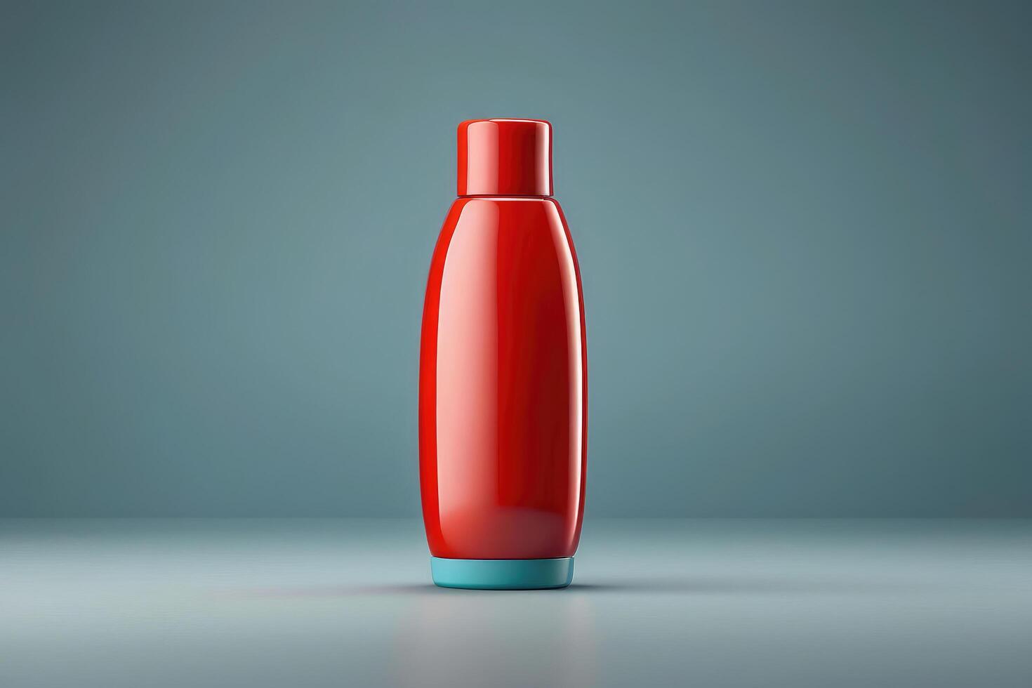 uma vermelho plástico garrafa com uma azul tampa foto