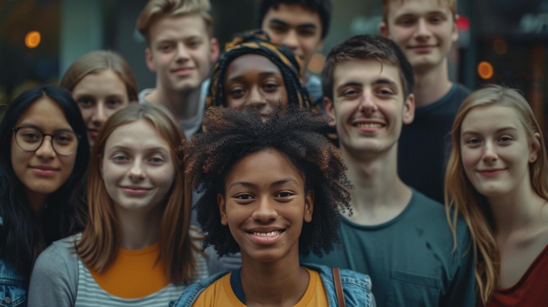 uma diverso grupo do jovem adultos sorridente olhando foto