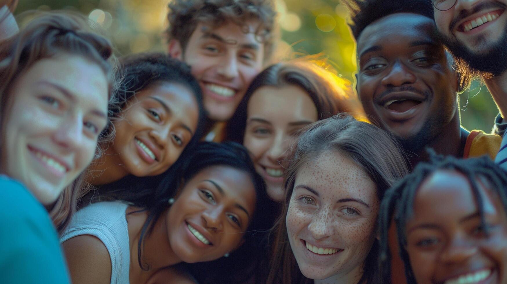 uma diverso grupo do jovem adultos sorridente olhando foto