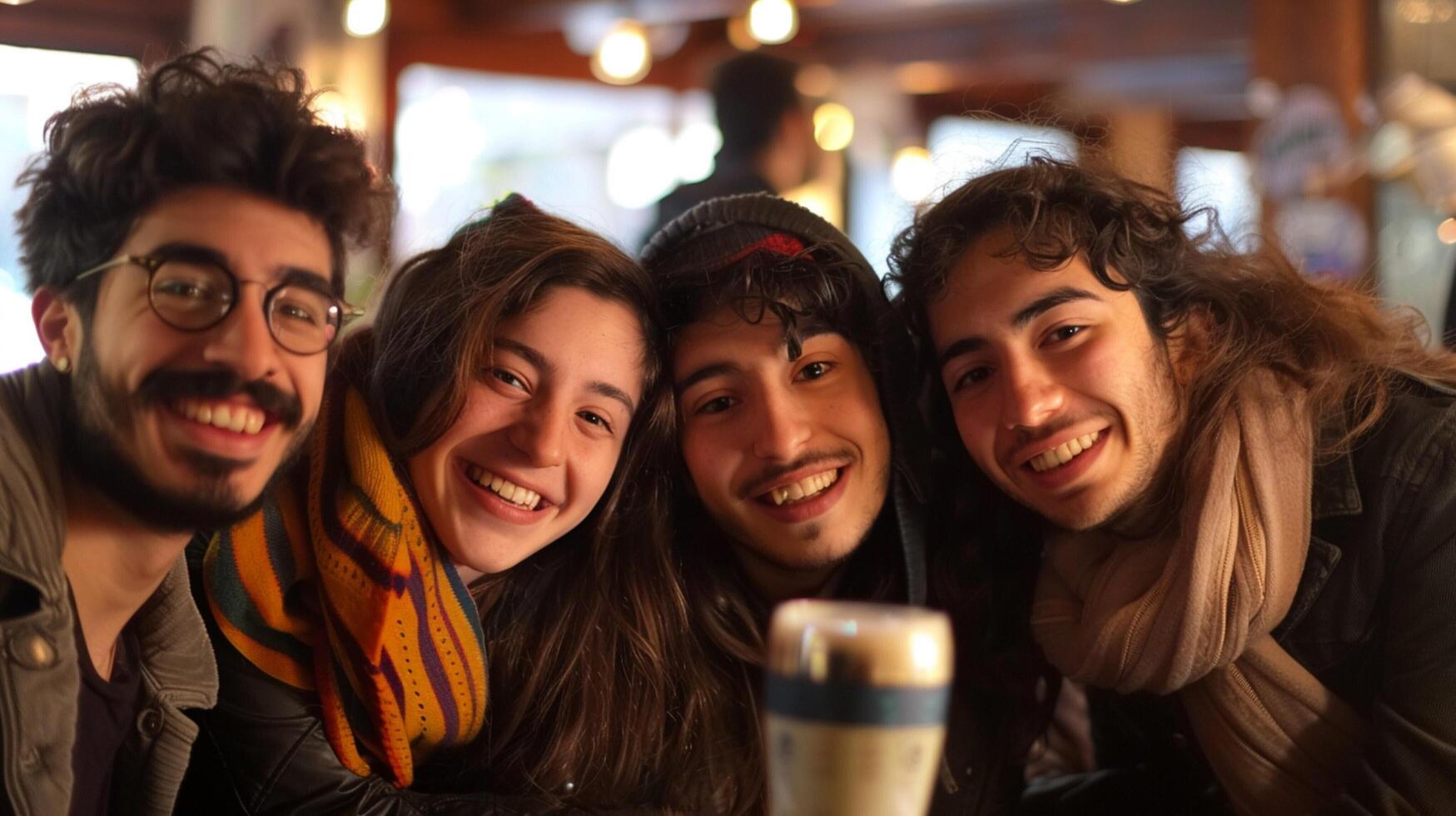 uma grupo do amigos sorridente olhando às Câmera foto