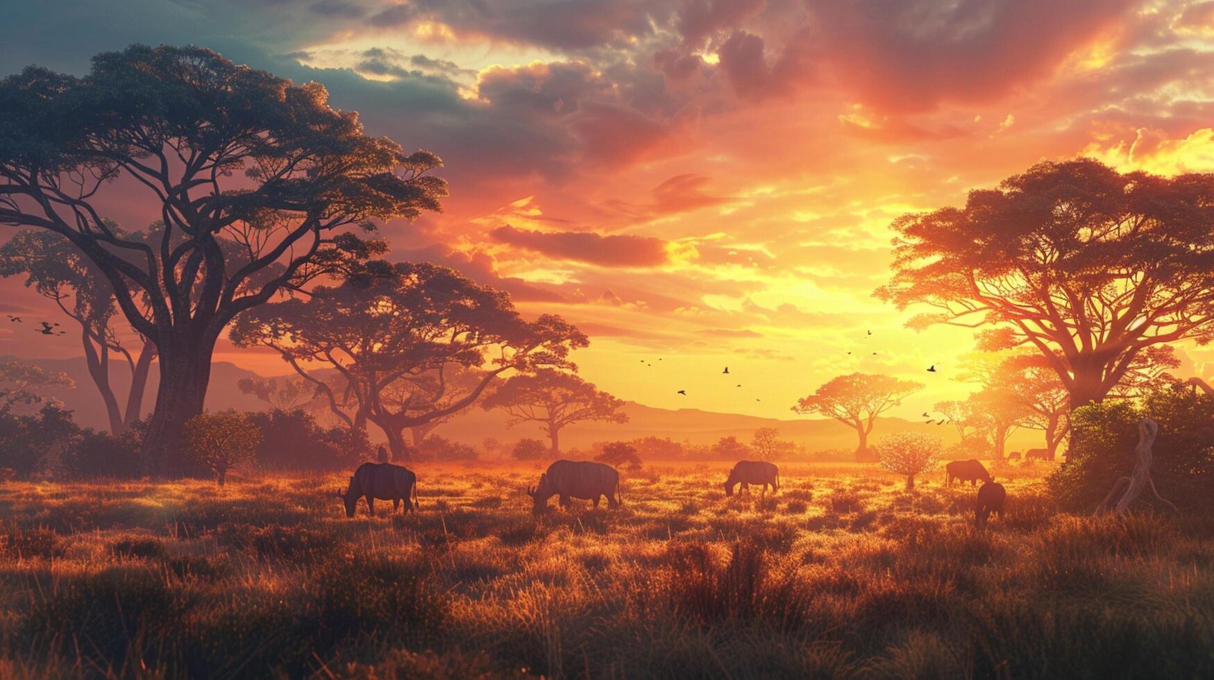 África savana às pôr do sol animais pastar antigo foto
