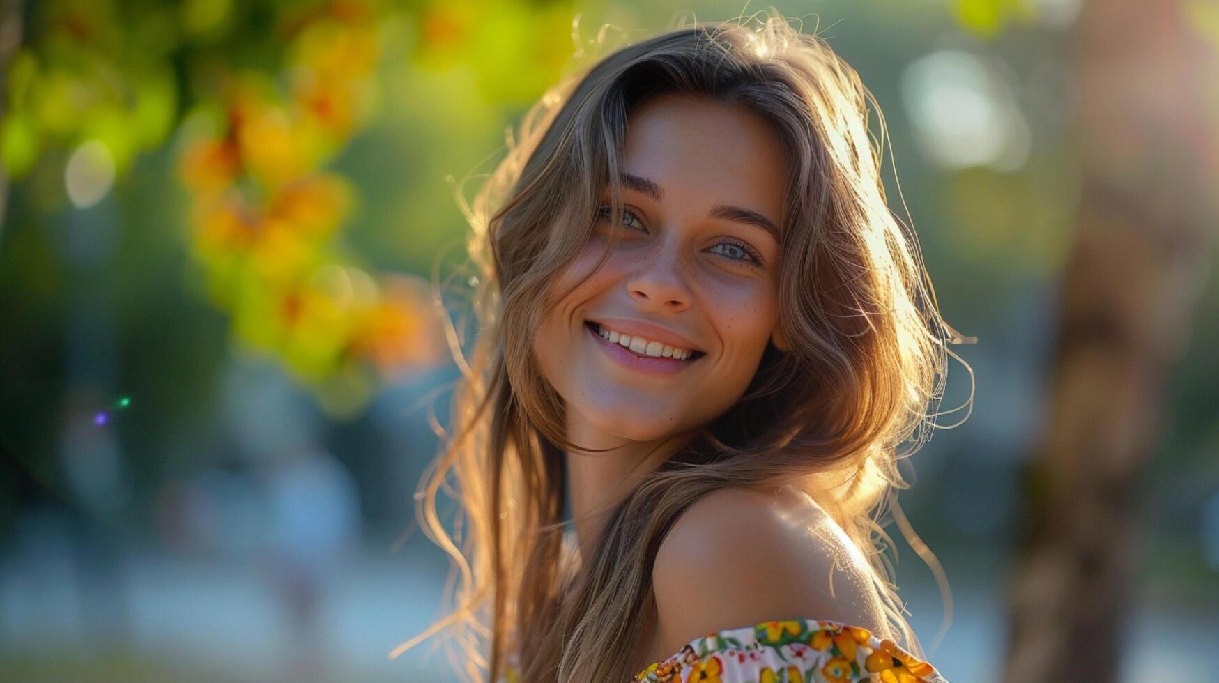 lindo jovem mulher dentro uma verão vestir sorridente foto