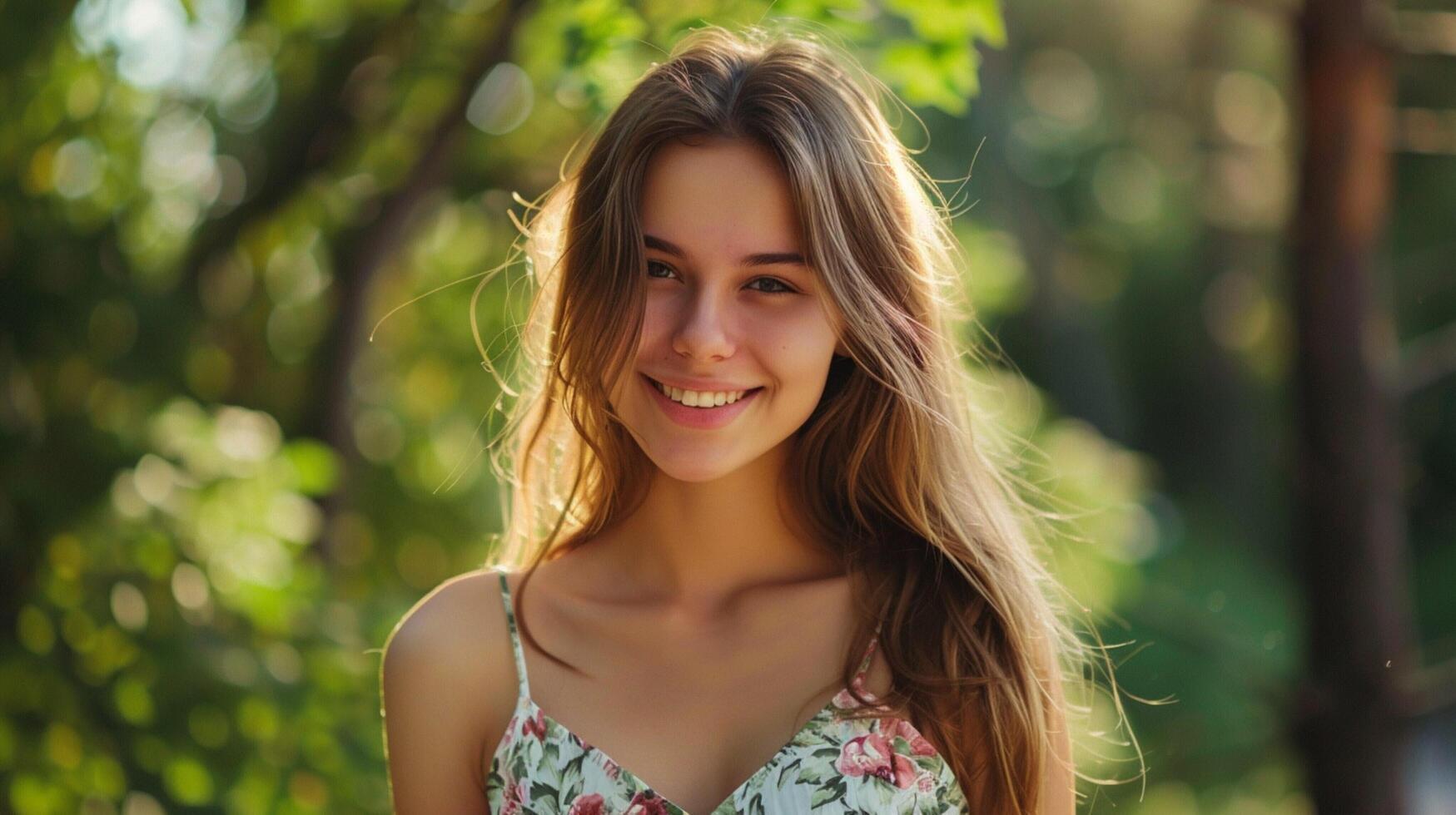 lindo jovem mulher dentro uma verão vestir sorridente foto