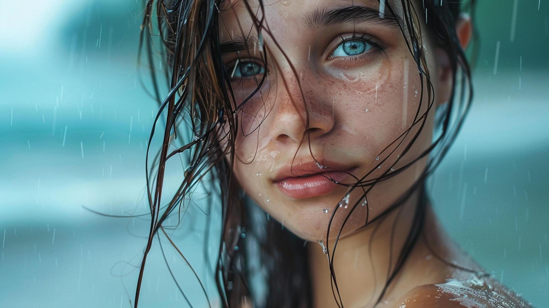 lindo jovem mulher com molhado cabelo olhando foto
