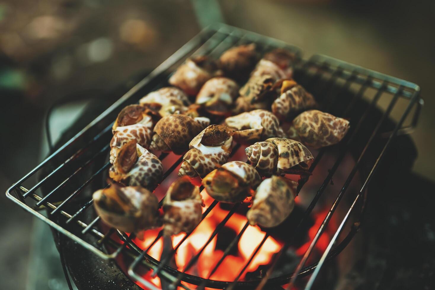 a mexilhão estavam colocada em a grade sobre uma quente fogo. foto