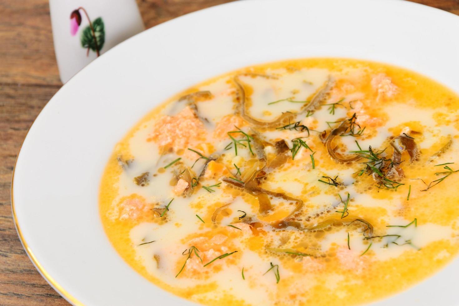 sopa cremosa de peixe com comida dietética de salmão e algas marinhas. foto