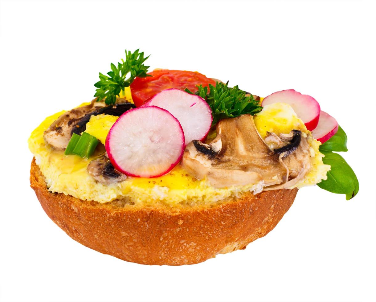 sanduiche com cogumelos, tomate, queijo, cebola e rabanete foto