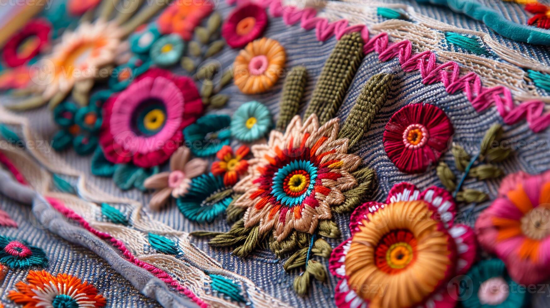fechar-se feito à mão bordado têxtil com mexicano floral padrão, detalhado costura, foto