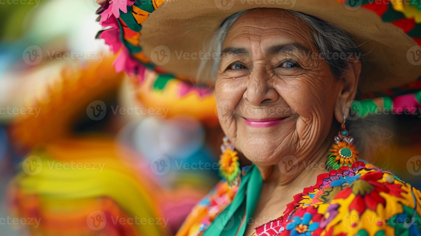 sorridente Senior mexicano mulher dentro uma ampla sombrero e tradicional vestir. cinco de maionese. foto