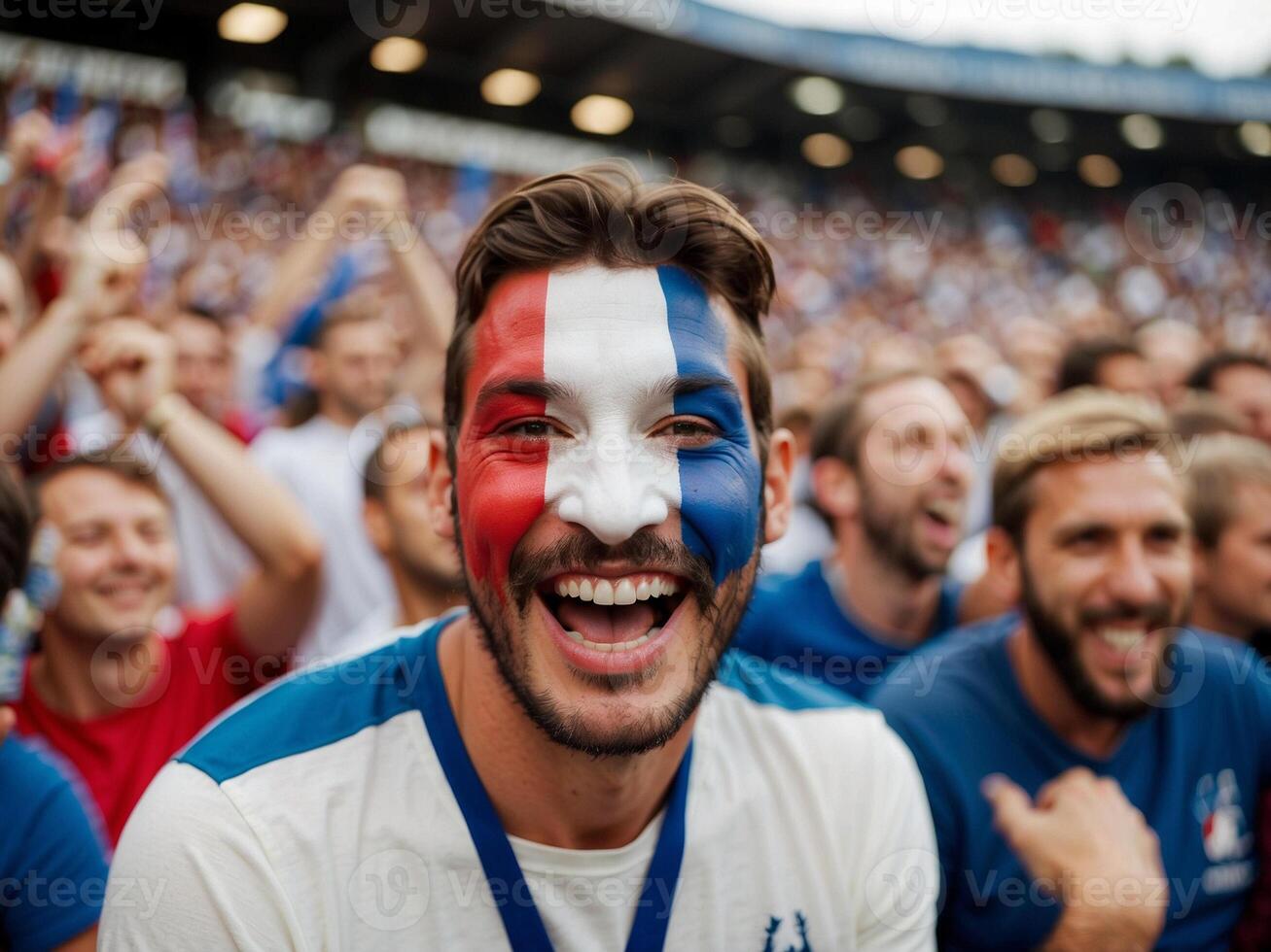 feliz francês Esportes apoiante torcendo. pintado face masculino apoiante torcendo com a coroa dentro a estádio dentro a fundo. foto