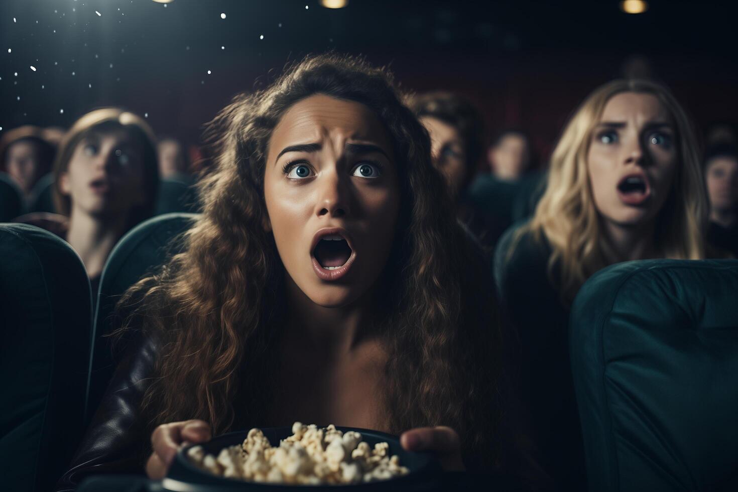 uma mulher sentado dentro uma filme teatro, segurando uma balde do Pipoca Como ela goza a filme. foto