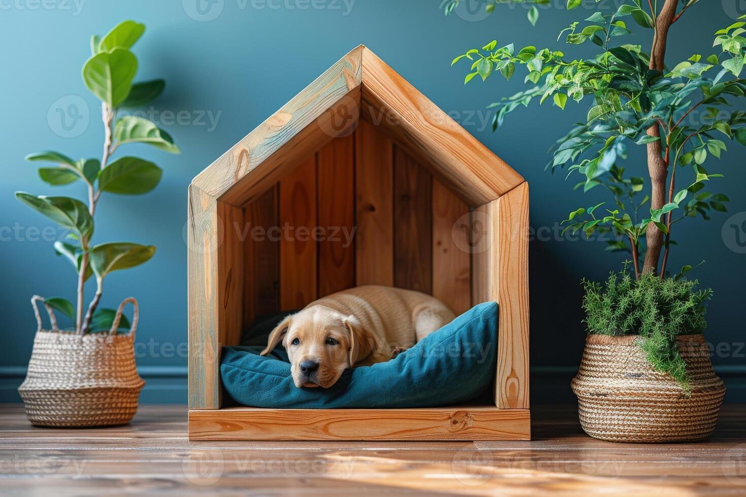 uma cachorro é sentado dentro uma de madeira cachorro casa foto