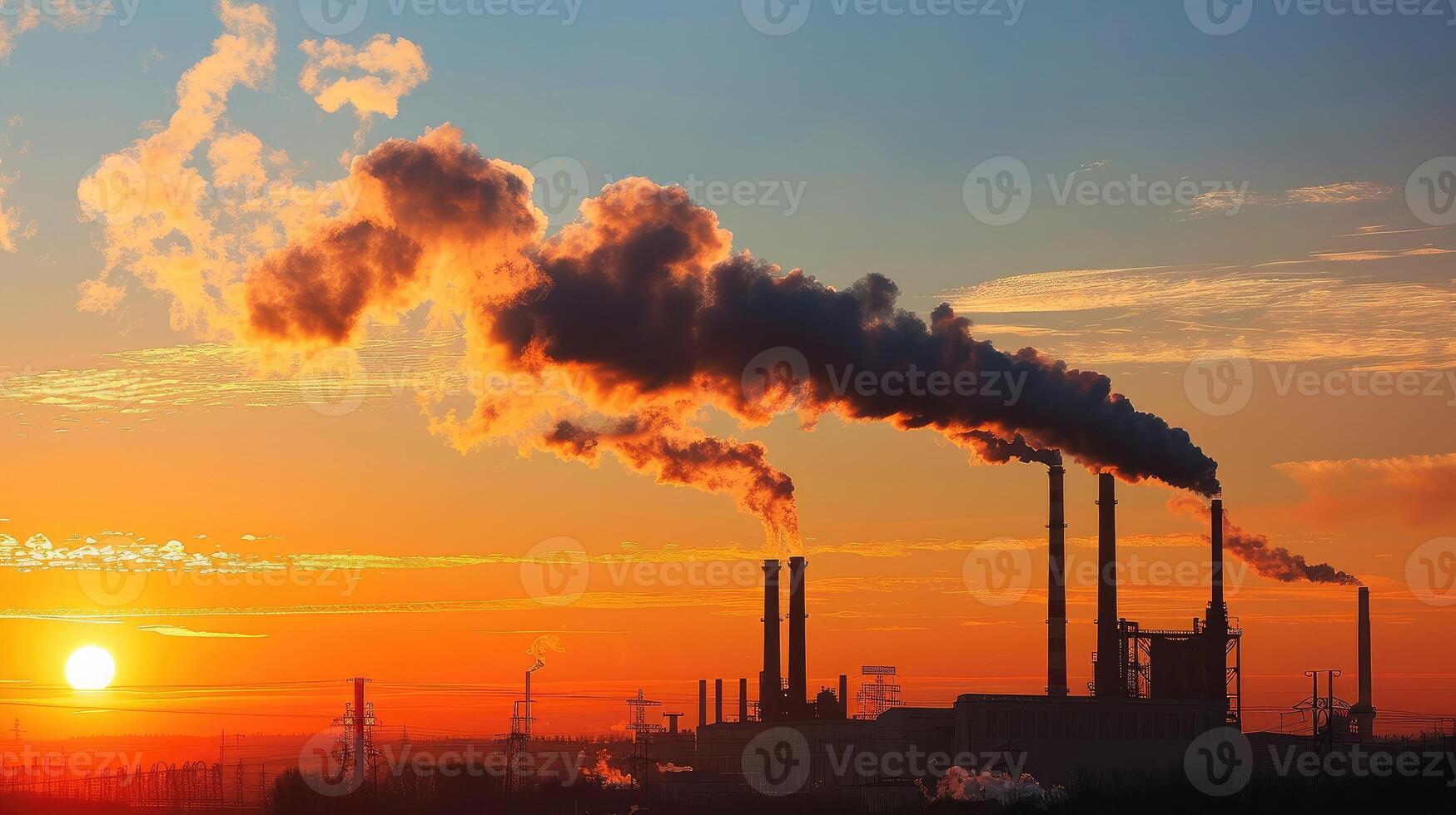imagem do uma fábrica com fumar chaminés contra uma pôr do sol céu, representando industrial poluição e de Meio Ambiente problemas foto