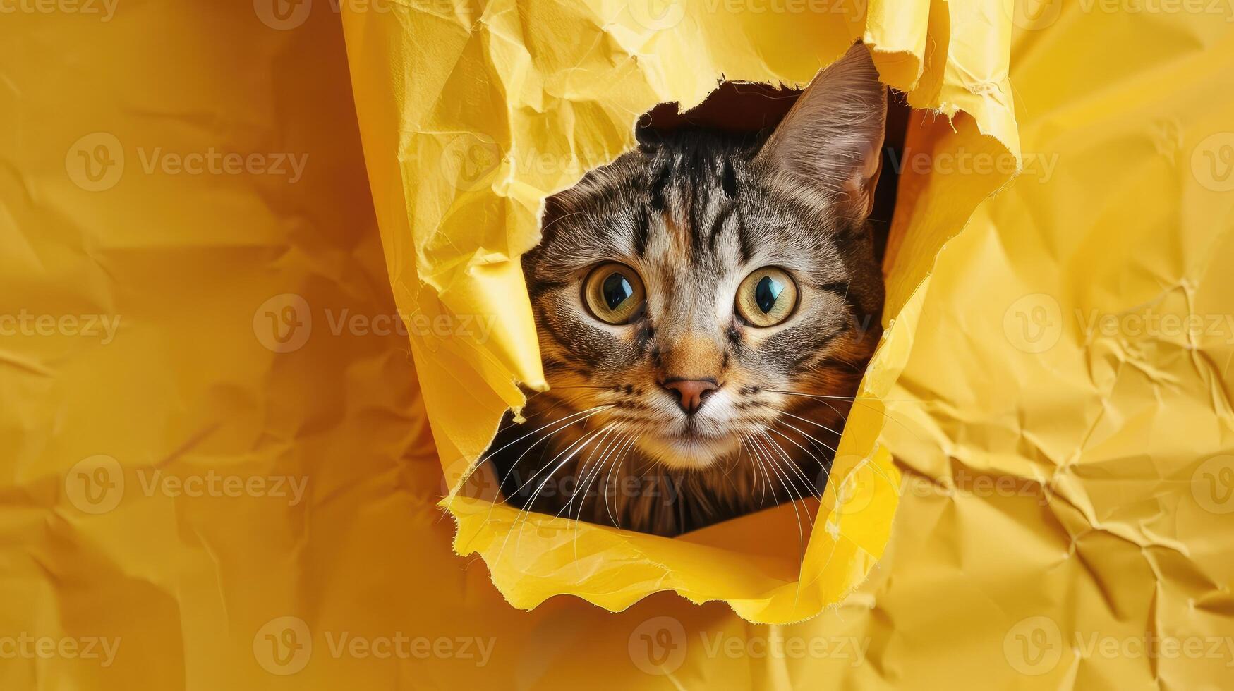 gato dentro orifício do papel, pequeno malhado gato obtendo Fora através a construir fundo, engraçado animal. foto