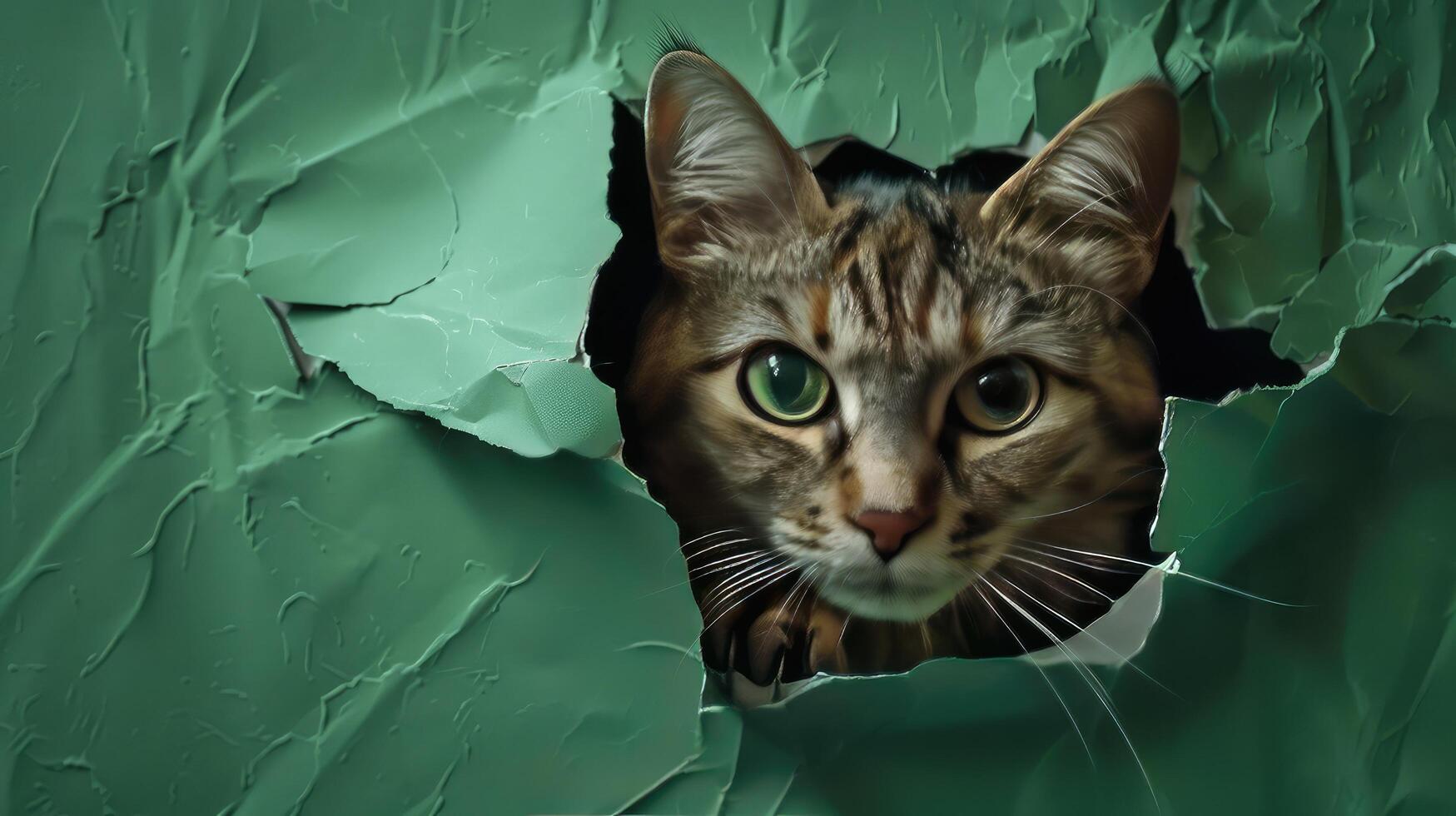 gato dentro orifício do verde papel, pequeno malhado gato obtendo Fora através a construir fundo, engraçado animal. foto