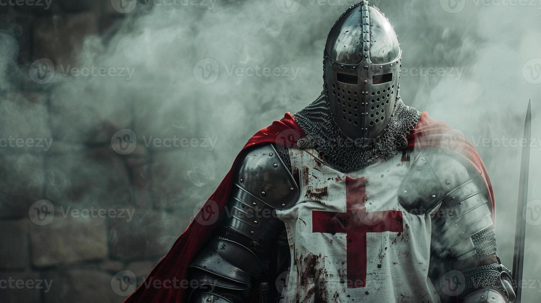 retrato do medieval cruzado Guerreiro com armaduras e vermelho Cruz. nuvem fumaça em fundo foto