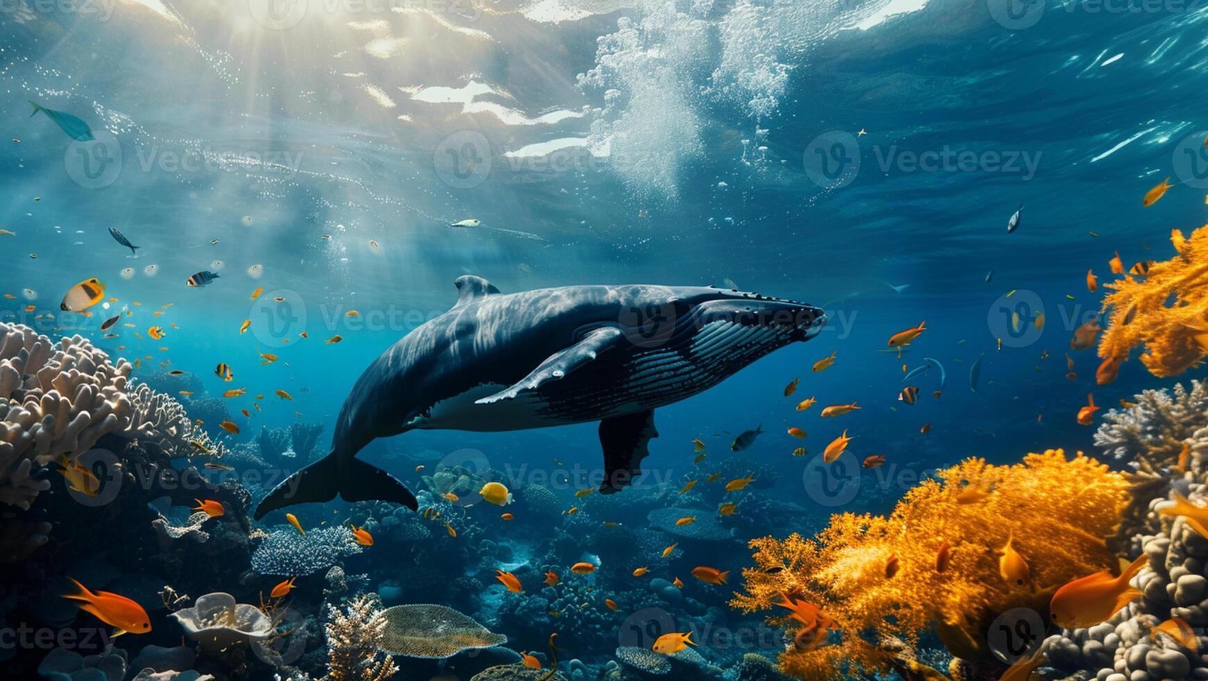 ampla baleia e pequeno trópico peixe flutuando embaixo da agua. corais e algas marinhas em uma fundo. foto