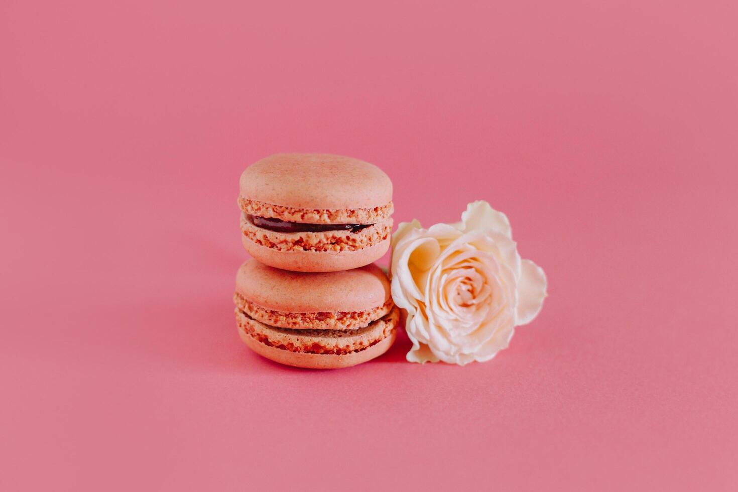 saboroso francês macarons com concurso rosa flores em uma brilhante Rosa fundo. foto