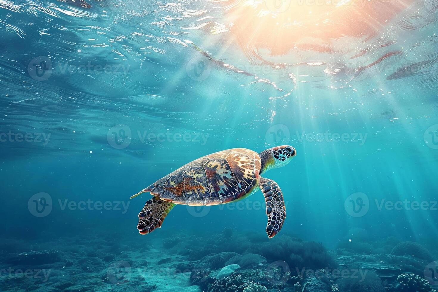 mar tartaruga embaixo da agua dentro a oceano. azul céu acima. conceito para mundo oceano dia. foto