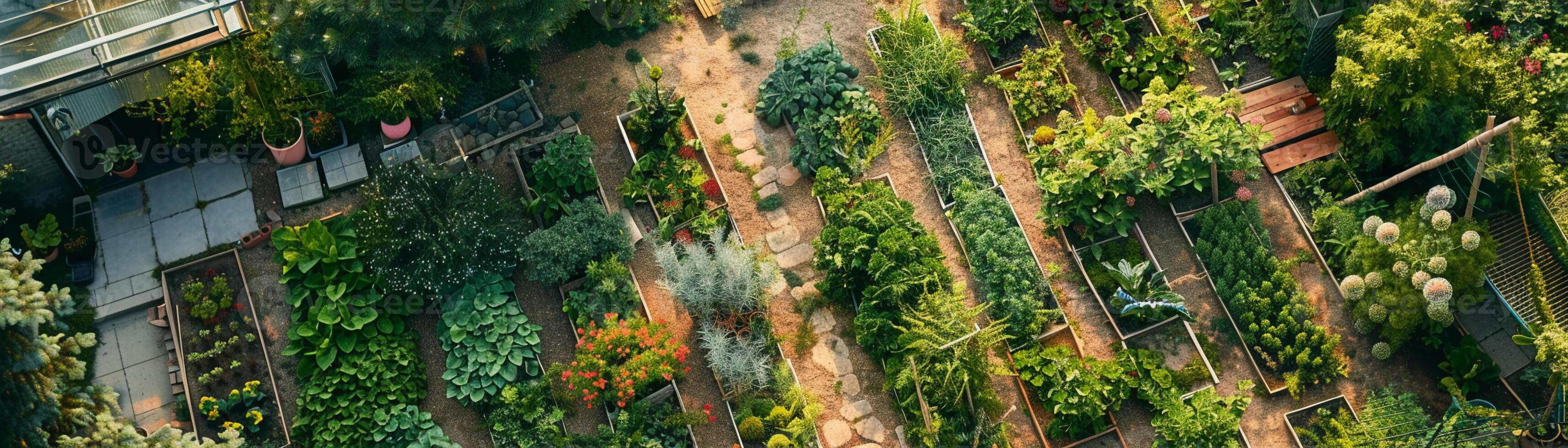 solitário jardim tramas dentro uma comunidade jardim, conectado através uma compartilhado aplicativo, integrando dicas e horários para manter jardineiros acionado foto