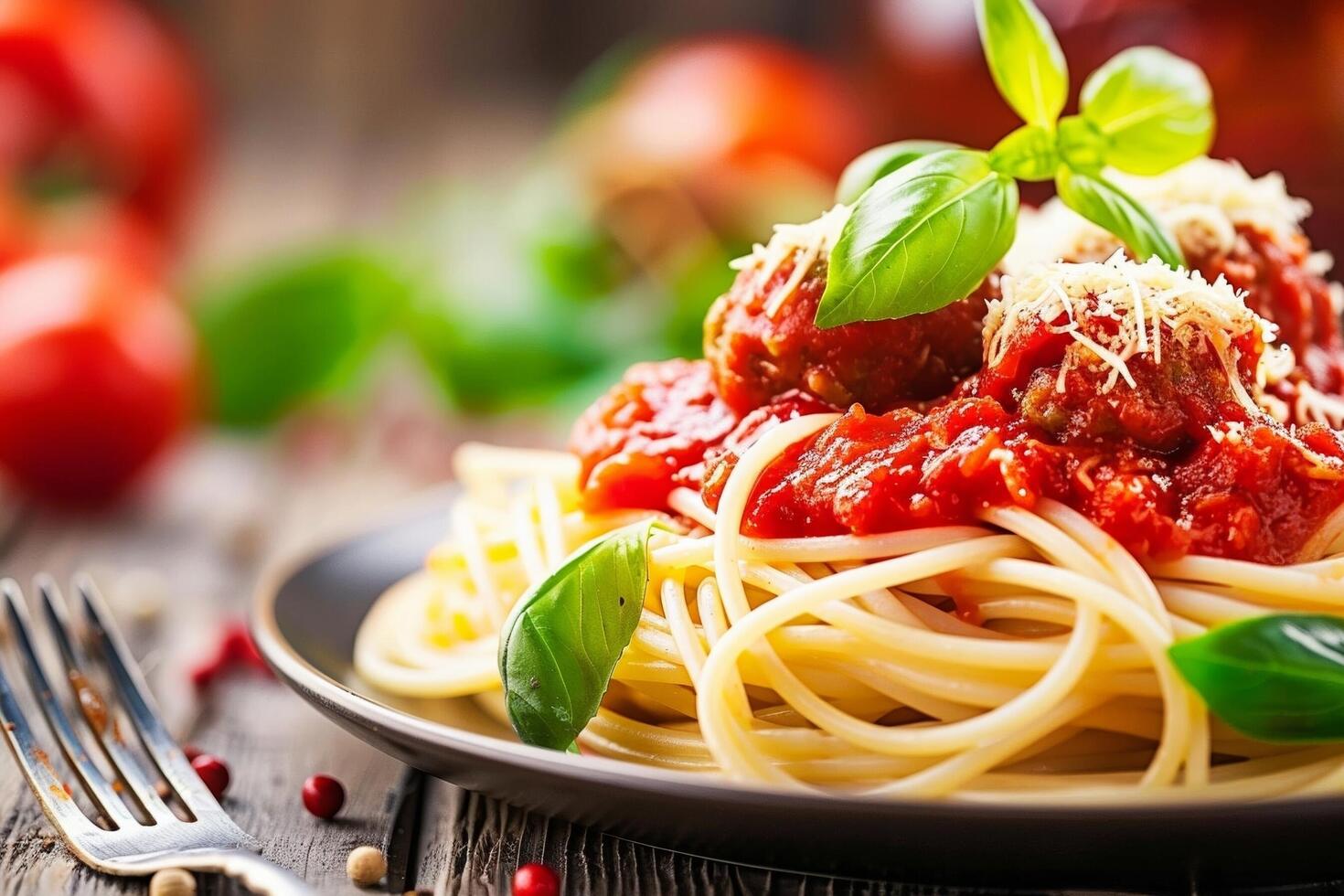 espaguete coberto com rico tomate molho e almôndegas foto