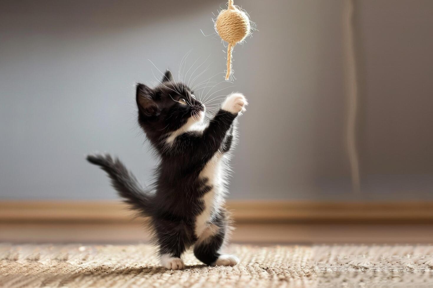 uma brincalhão smoking gatinho rebatidas às uma pendurado brinquedo, Está rabo sacudindo costas e adiante com excitação foto