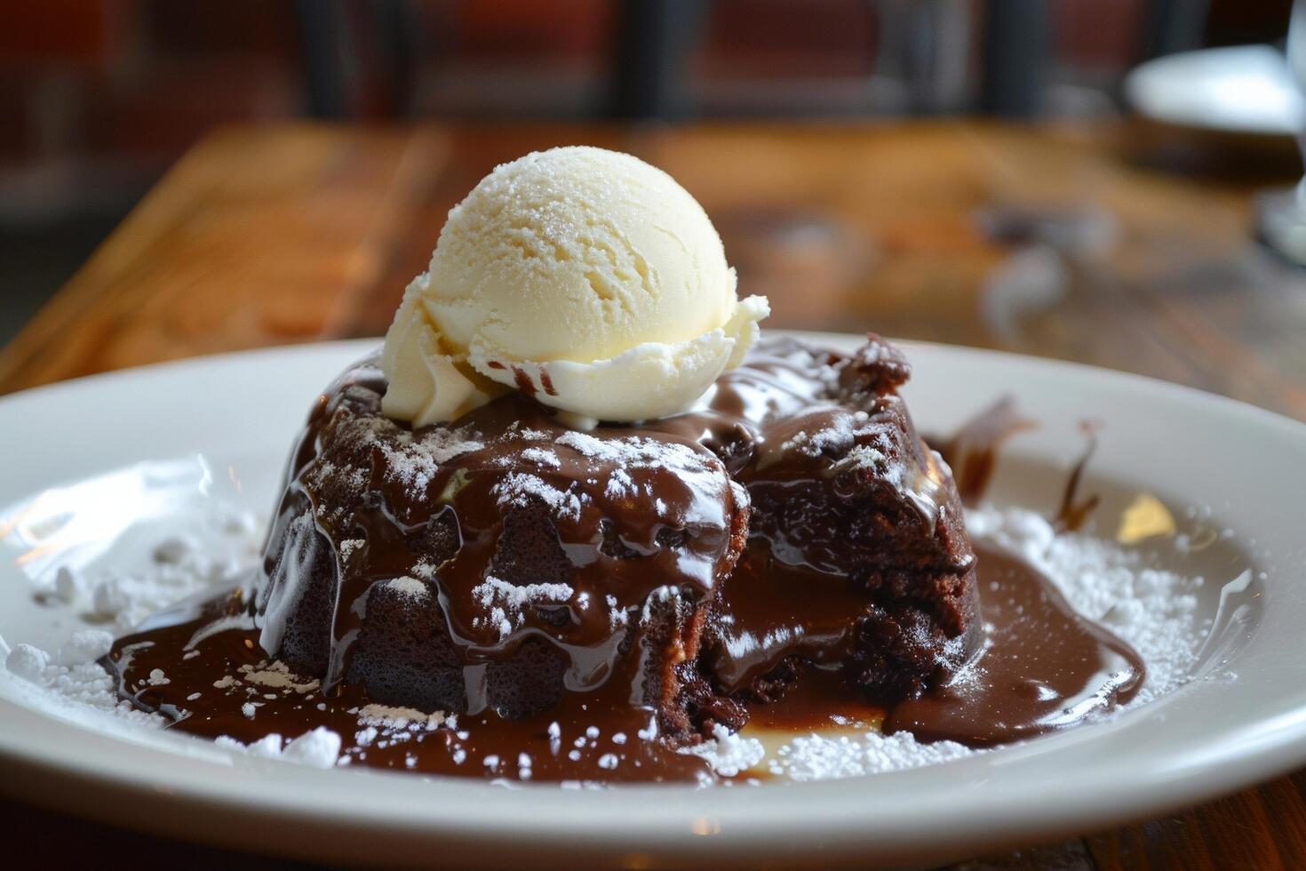 úmido chocolate lava bolo coberto com baunilha gelo creme. foto