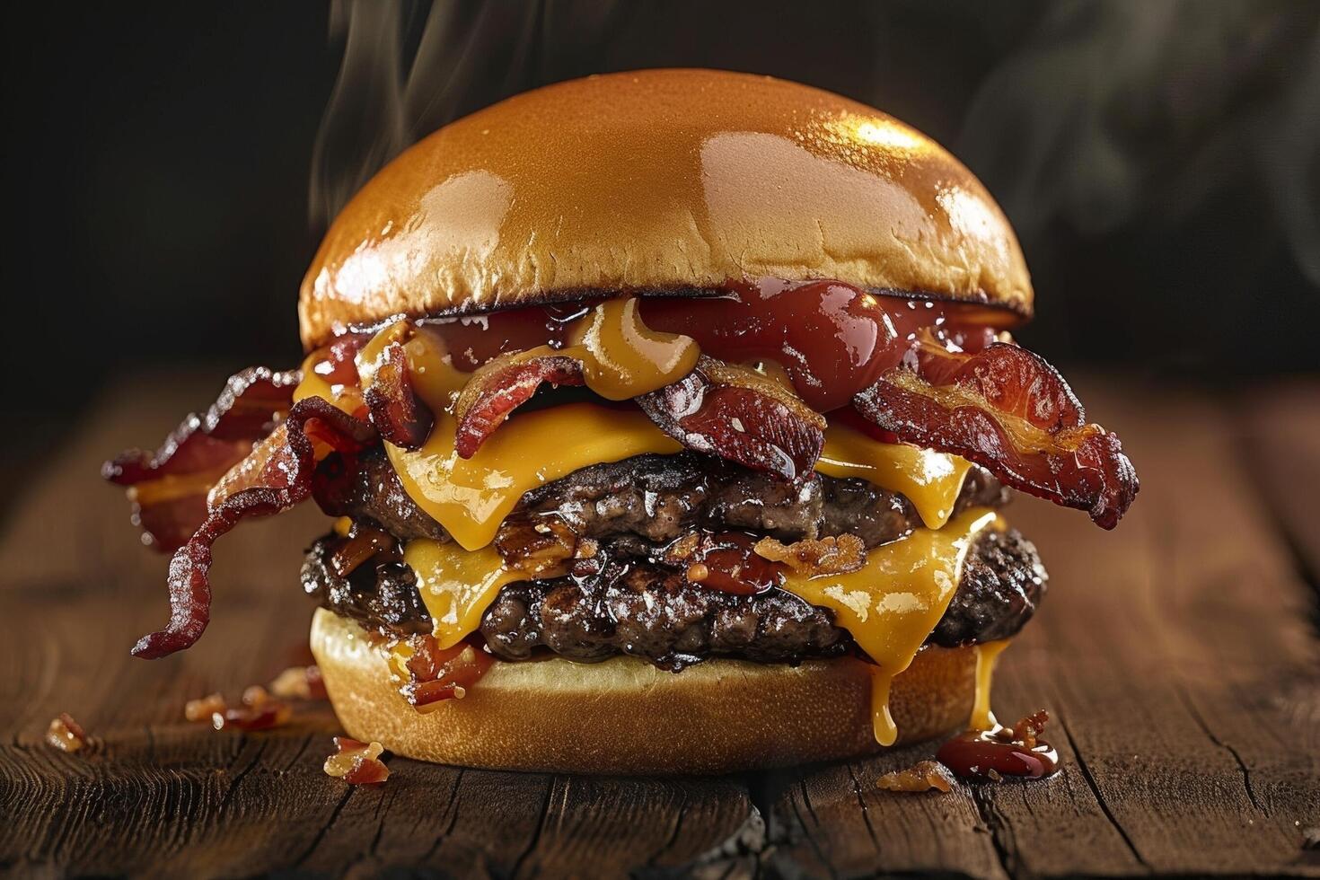 hamburguer com suculento carne bovina, derretido queijo e crocantes bacon. foto