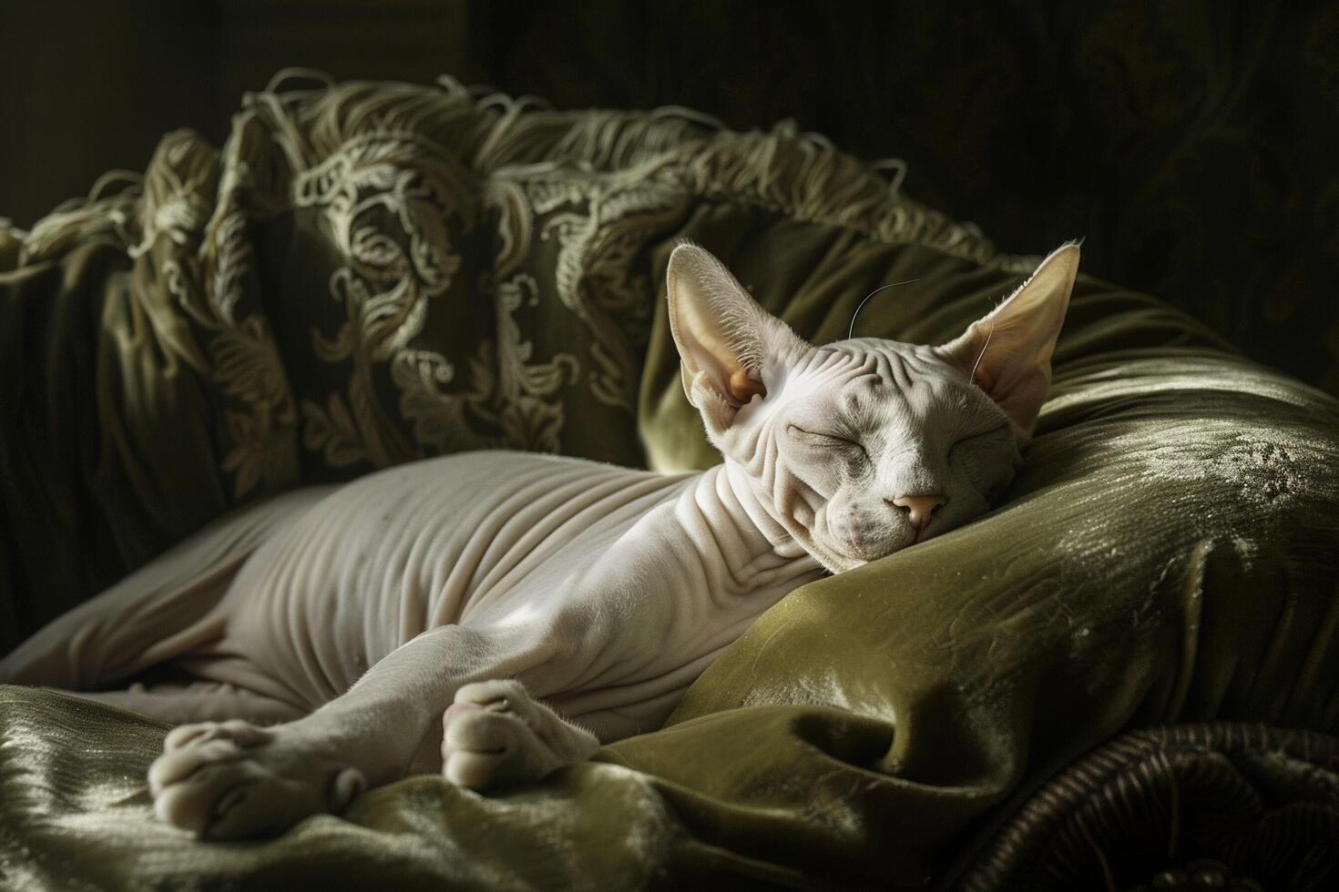 uma lustroso e gracioso sphynx gato reclinável em uma pelúcia veludo almofada, Está caloroso pele brilhando dentro a suave luz foto