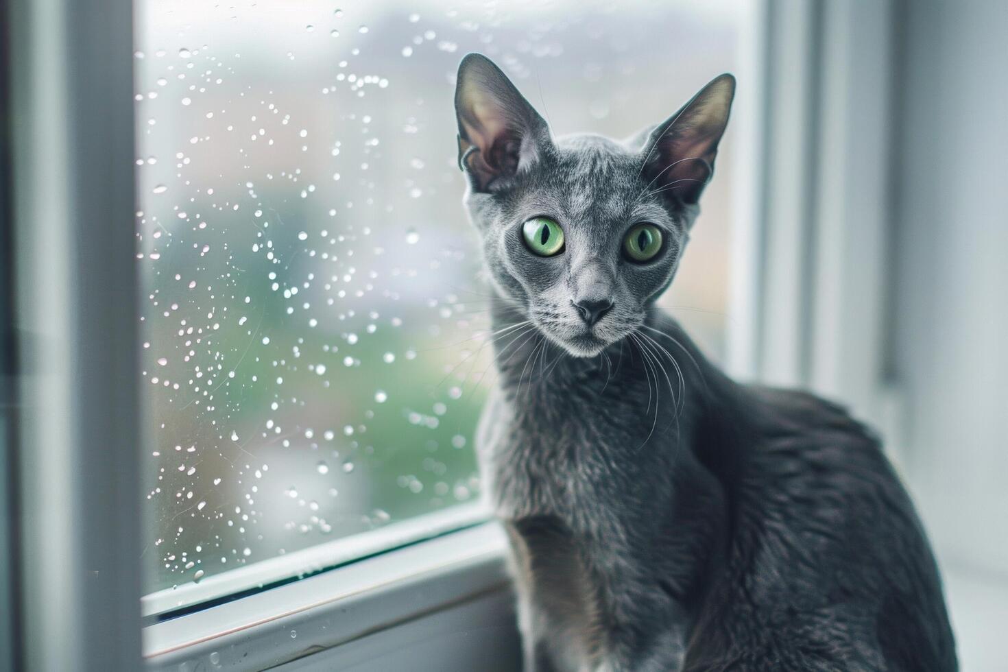 uma lustroso oriental cabelo curto gato empoleirado em uma peitoril da janela, Está vibrante verde olhos espumante com inteligência foto