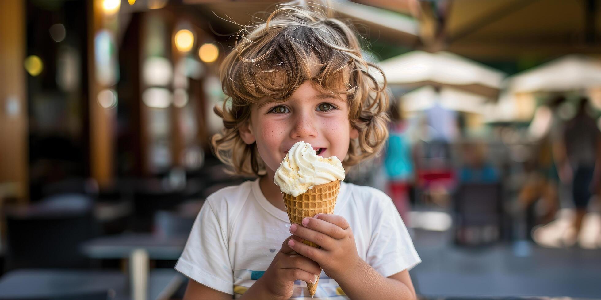 feliz criança com gelo creme. delicioso Doçura dentro mãos. gelo creme andar. foto