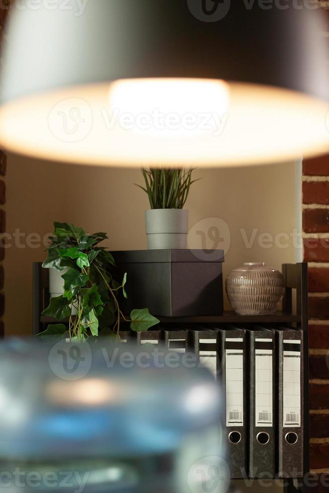 close-up da decoração e móveis do espaço de escritório com plantas, acessórios e livros na estante foto