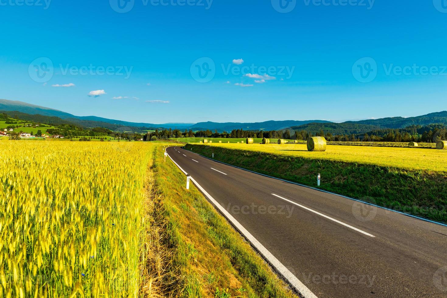 uma estrada vazia entre campos agrícolas que levam às montanhas. paisagem rural austríaca foto