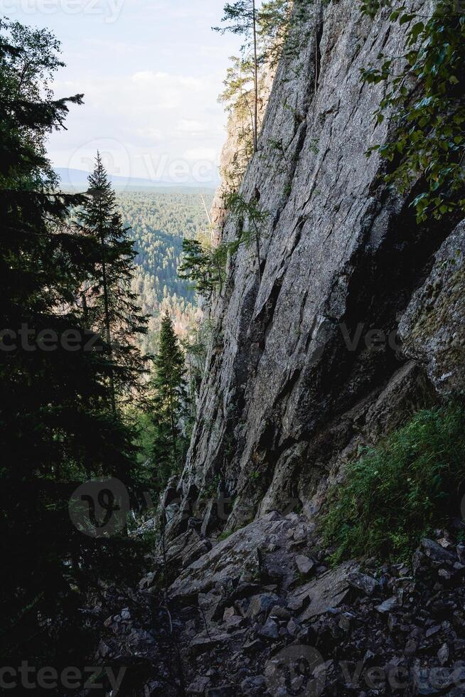 uma íngreme Rocha parede, uma Lugar, colocar para Treinamento alpinistas, uma isolado área dentro a floresta, uma cinzento pedra, uma inclinado montanha, uma granito Rocha pedra. foto