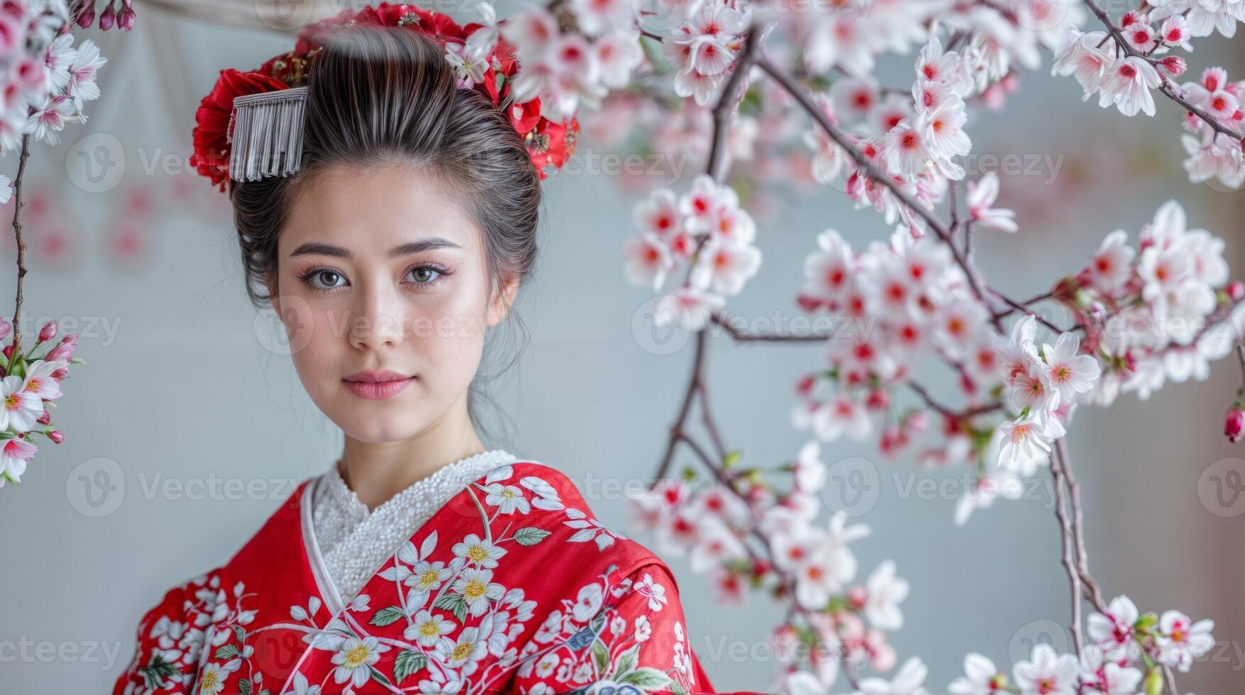 tradicional japonês mulher dentro vermelho quimono entre sakura flores vitrines cultura e beleza foto