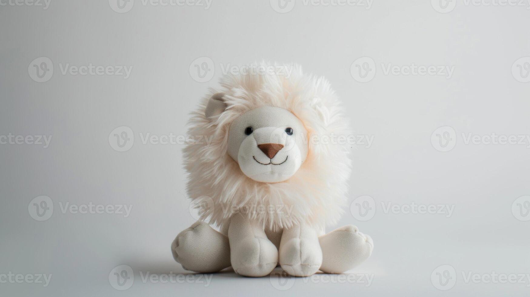fofo branco pelúcia leão brinquedo com suave juba e fofa sorridente face sentado contra uma limpar \ limpo fundo foto
