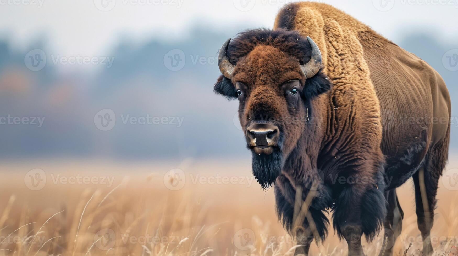 búfalo dentro uma pastagem habitat com chifres e pele em exibição e uma focado olhar dentro uma campo foto